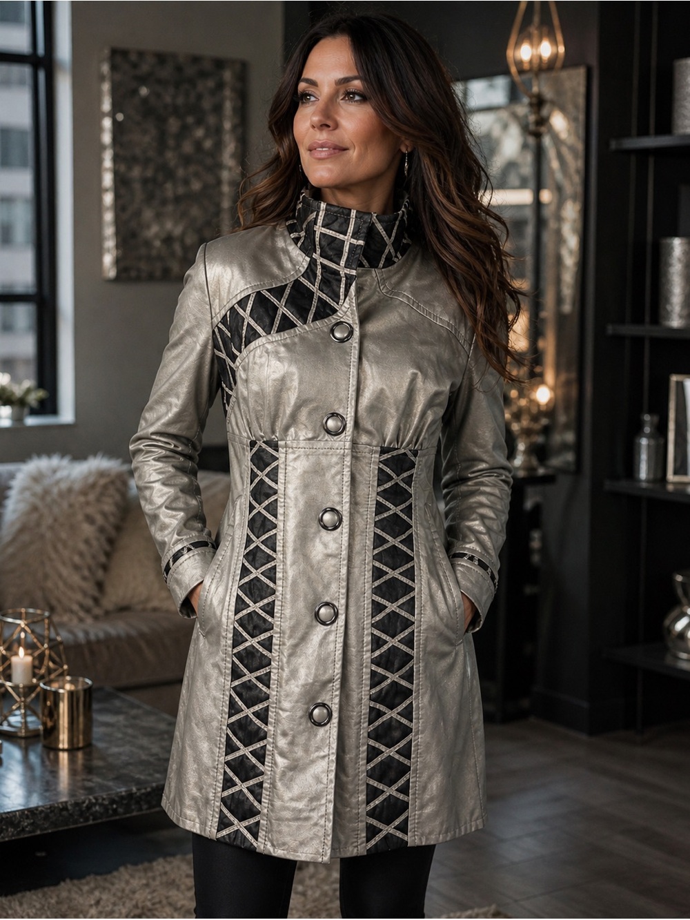 Dolce Vitalli Metallic Taupe Snake Print Moto Car Coat Jacket‎ Medium